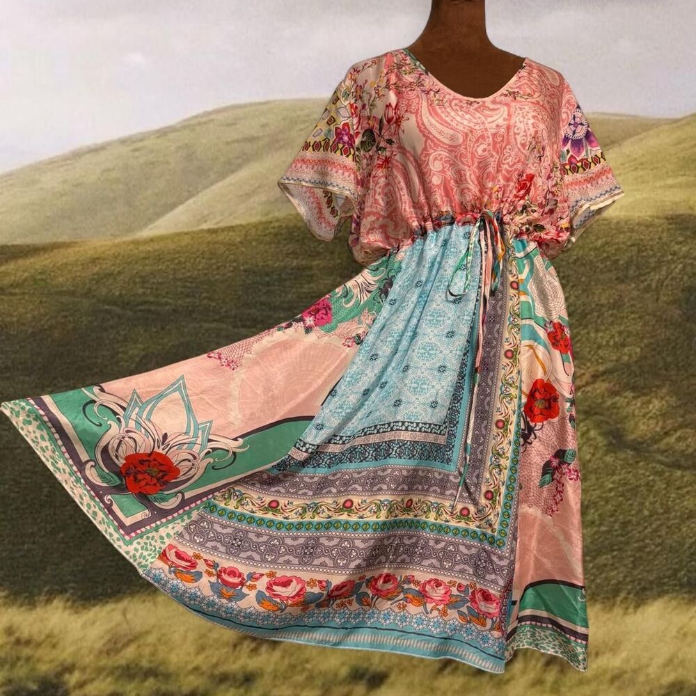 Johnny Was 100% Silk Boho Patchwork Print Dress Travel Tunic Size M
